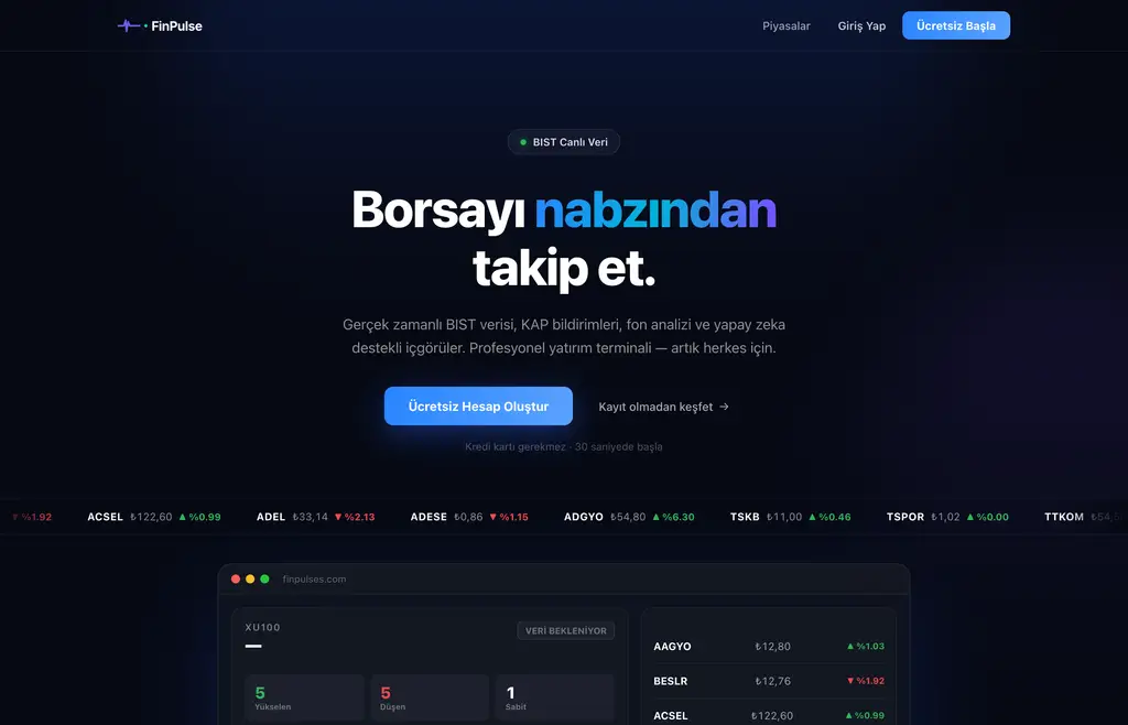 finpulses.com ana sayfası: BIST canlı veri ekranı